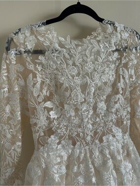 Sheer Floral Lace Long Sleeve Wedding Dress - Ivory